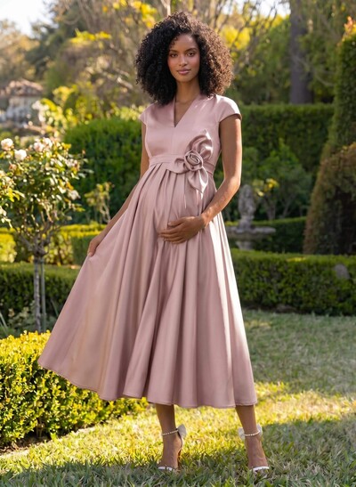 A-Line V-Neck Short Sleeves Tea-Length Satin Maternity Bridesmaid Dresses With Flower(s)