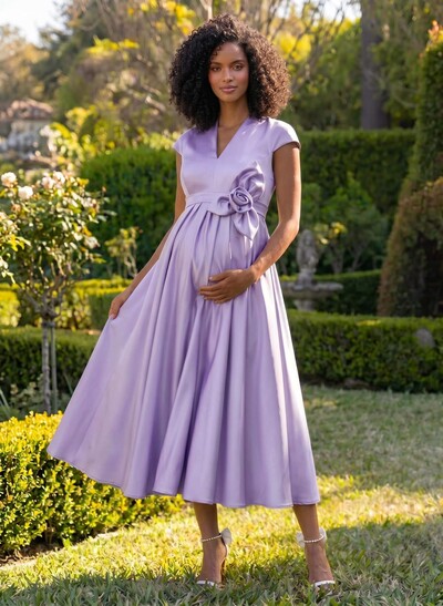 A-Line V-Neck Short Sleeves Tea-Length Satin Maternity Bridesmaid Dresses With Flower(s)