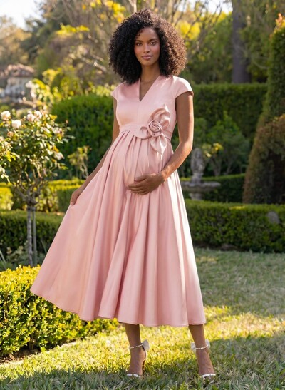 A-Line V-Neck Short Sleeves Tea-Length Satin Maternity Bridesmaid Dresses With Flower(s)