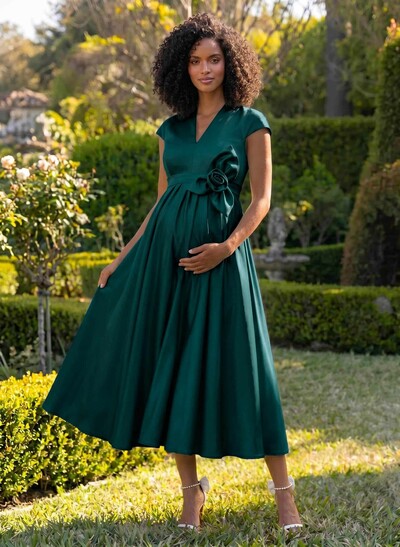 A-Line V-Neck Short Sleeves Tea-Length Satin Maternity Bridesmaid Dresses With Flower(s)
