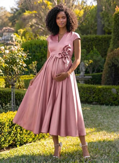 A-Line V-Neck Short Sleeves Tea-Length Satin Maternity Bridesmaid Dresses With Flower(s)