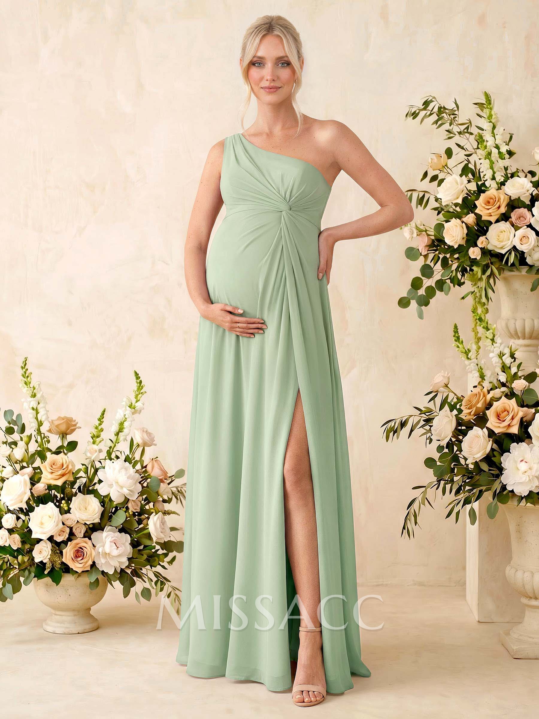 A-Line One-Shoulder Sleeveless Floor-Length Chiffon Maternity Bridesmaid Dresses With High Split