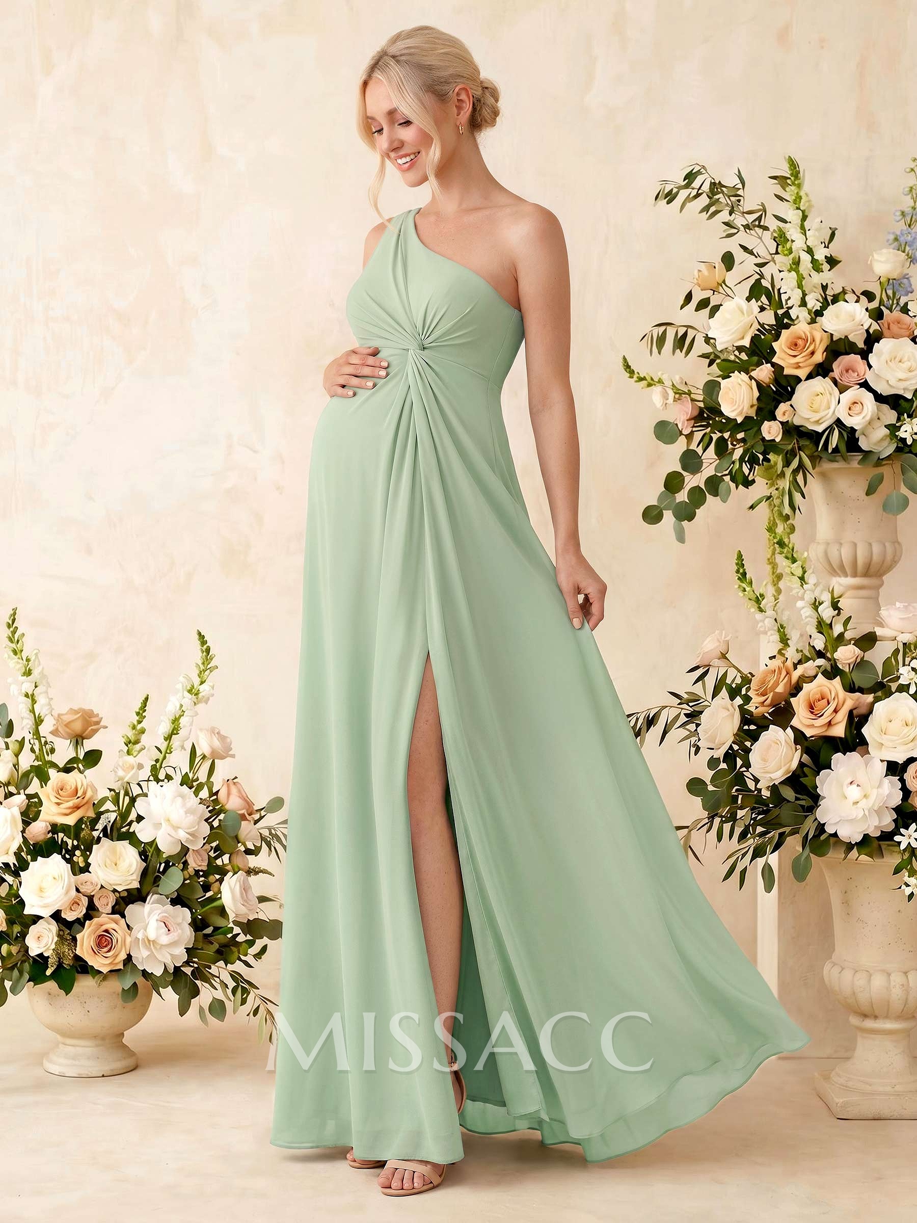 A-Line One-Shoulder Sleeveless Floor-Length Chiffon Maternity Bridesmaid Dresses With High Split
