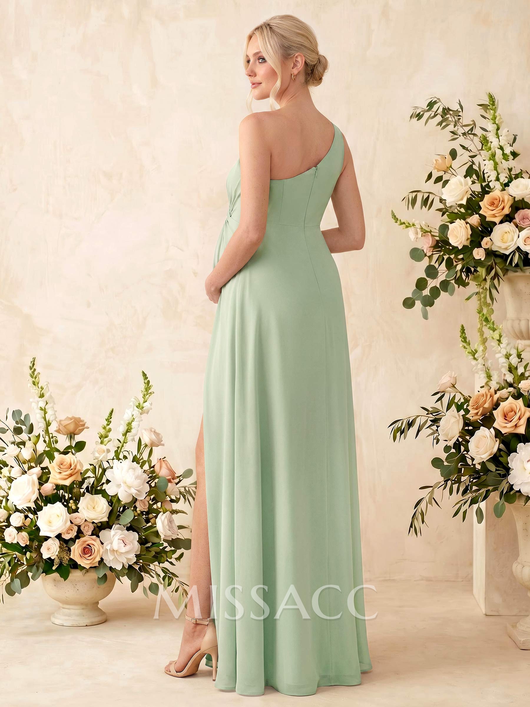 A-Line One-Shoulder Sleeveless Floor-Length Chiffon Maternity Bridesmaid Dresses With High Split