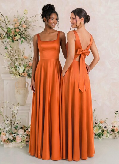 A-Line Square Neckline Sleeveless Floor-Length Satin Bridesmaid Dresses With Bow
