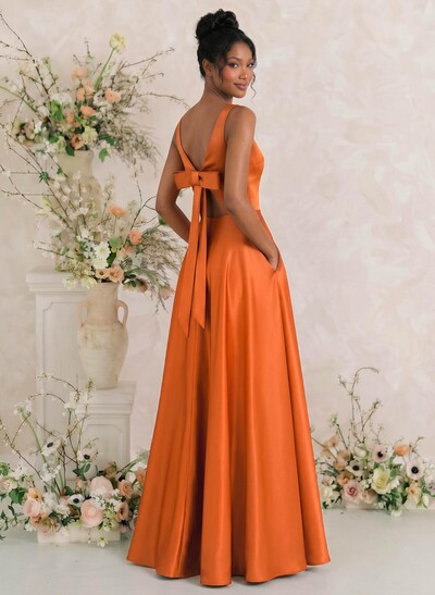 A-Line Square Neckline Sleeveless Floor-Length Satin Bridesmaid Dresses With Bow