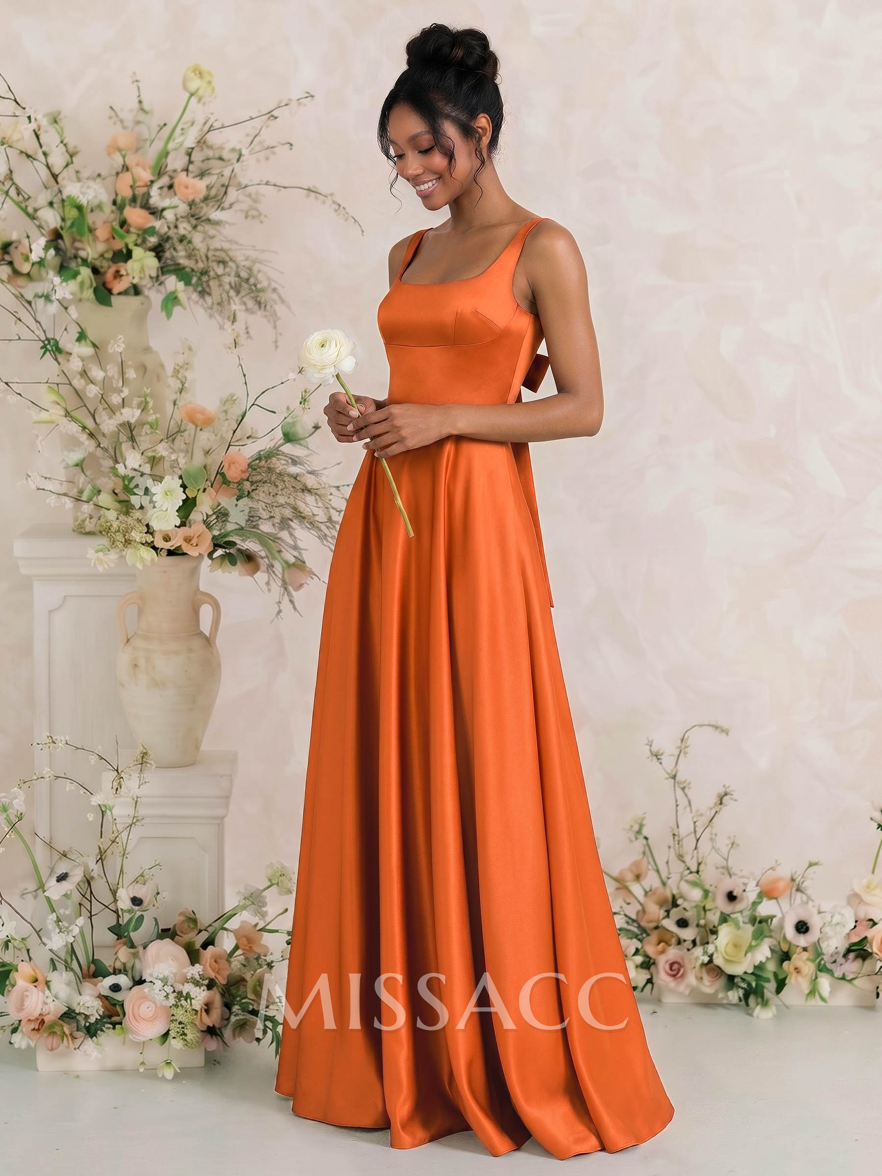 A-Line Square Neckline Sleeveless Floor-Length Satin Bridesmaid Dresses With Bow