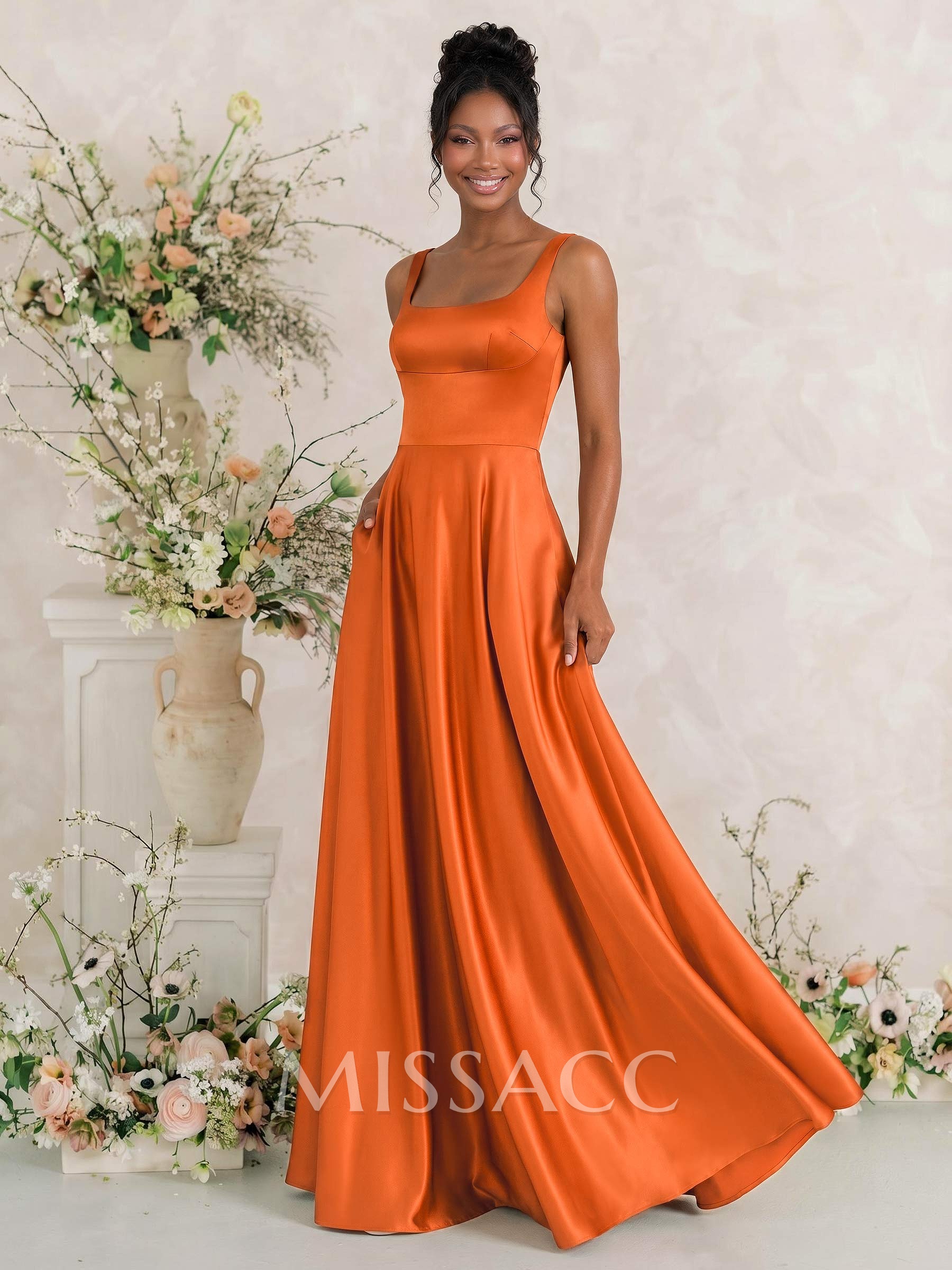 A-Line Square Neckline Sleeveless Floor-Length Satin Bridesmaid Dresses With Bow