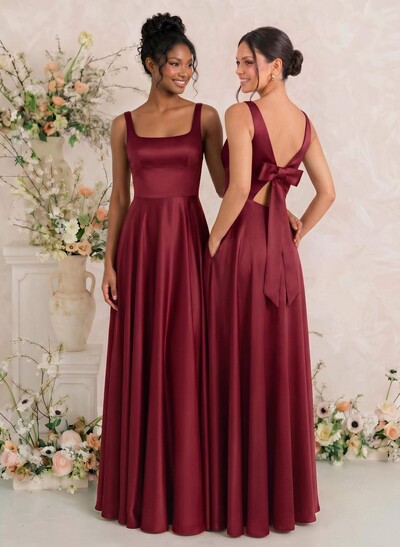 A-Line Square Neckline Sleeveless Floor-Length Satin Bridesmaid Dresses With Bow