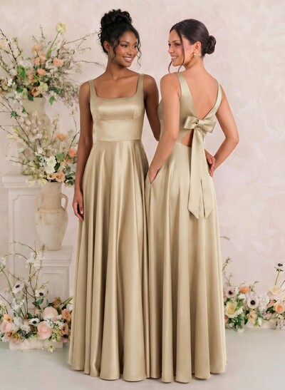 A-Line Square Neck Sleeveless Full-Length Satin Bridesmaid Dress With Bow