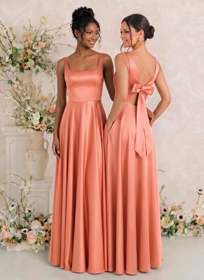 A-Line Square Neckline Sleeveless Floor-Length Satin Bridesmaid Dresses With Bow