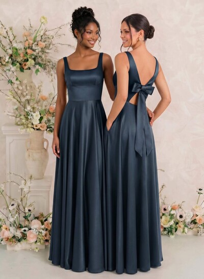 A-Line Square Neckline Sleeveless Floor-Length Satin Bridesmaid Dresses With Bow