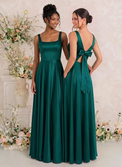 A-Line Square Neckline Sleeveless Floor-Length Satin Bridesmaid Dresses With Bow