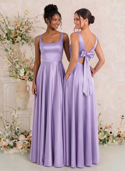 A-Line Square Neckline Sleeveless Floor-Length Satin Bridesmaid Dresses With Bow