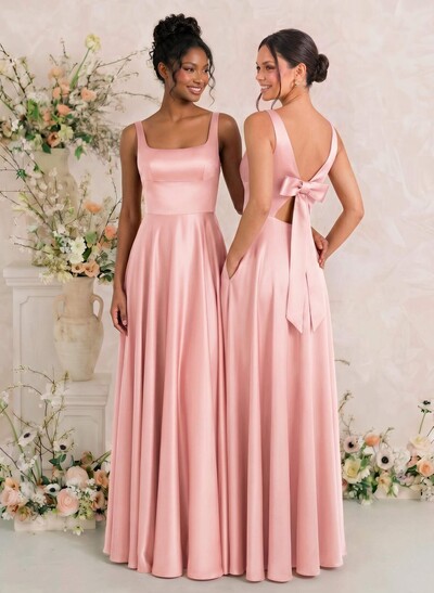A-Line Square Neckline Sleeveless Floor-Length Satin Bridesmaid Dresses With Bow