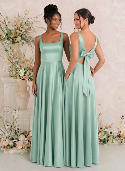 A-Line Square Neckline Sleeveless Floor-Length Satin Bridesmaid Dresses With Bow