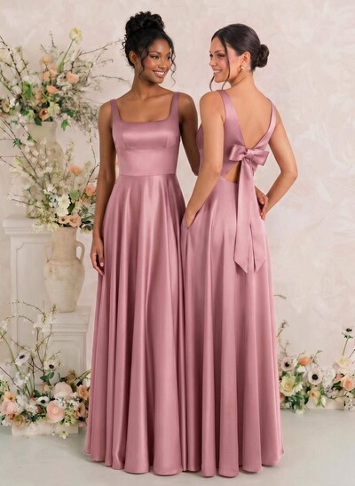 A-Line Square Neckline Sleeveless Floor-Length Satin Bridesmaid Dresses With Bow
