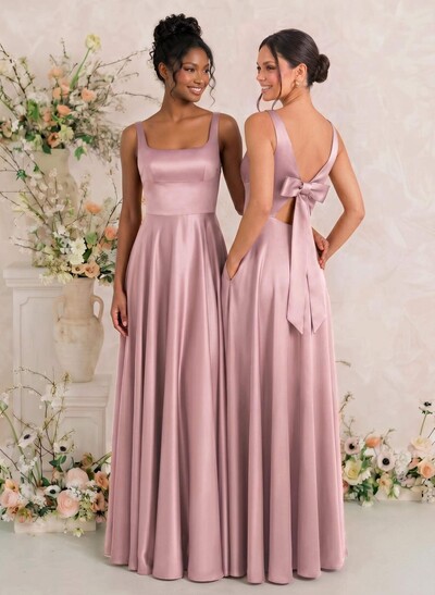 A-Line Square Neck Sleeveless Maxi Satin Bridesmaid Dress With Bow