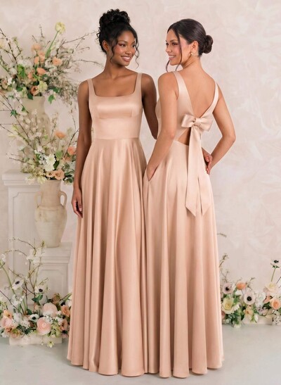 A-Line Square Neckline Sleeveless Floor-Length Satin Bridesmaid Dresses With Bow