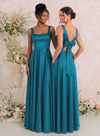 A-Line Square Neckline Sleeveless Floor-Length Satin Bridesmaid Dresses With Bow
