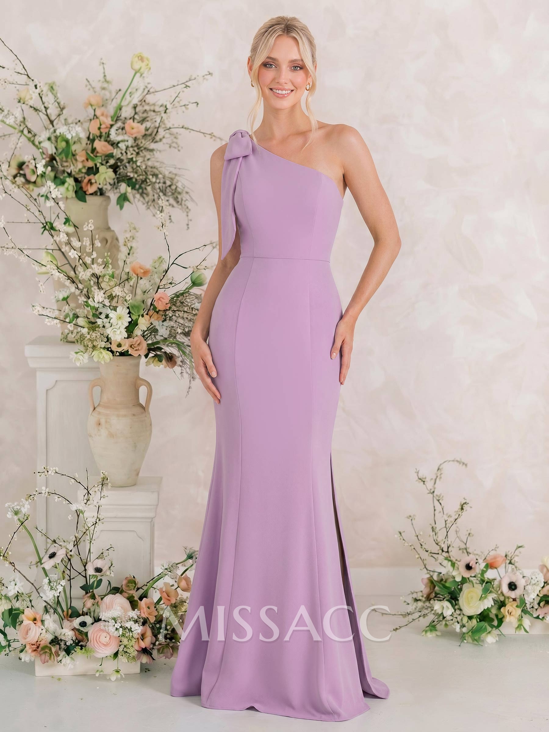 Trumpet/Mermaid One-Shoulder Sleeveless Floor-Length Elastic Satin Bridesmaid Dresses With Bow(s)