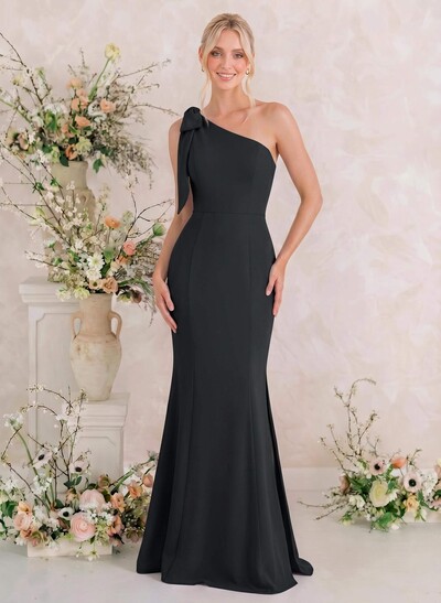Trumpet/Mermaid One-Shoulder Sleeveless Floor-Length Elastic Satin Bridesmaid Dresses With Bow(s)