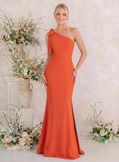 Trumpet/Mermaid One-Shoulder Sleeveless Floor-Length Elastic Satin Bridesmaid Dresses With Bow(s)