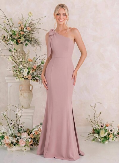 Trumpet/Mermaid One-Shoulder Sleeveless Floor-Length Elastic Satin Bridesmaid Dresses With Bow(s)