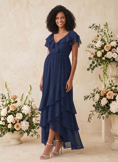 A-Line V-Neck Short Sleeves Asymmetrical Chiffon Maternity Bridesmaid Dresses With Cascading Ruffles