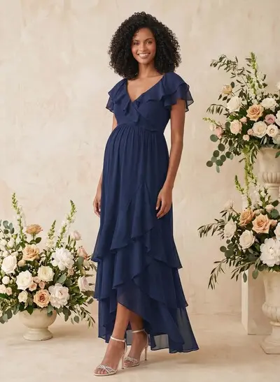 A-Line V-Neck Short Sleeves Asymmetrical Chiffon Maternity Bridesmaid Dresses With Cascading Ruffles