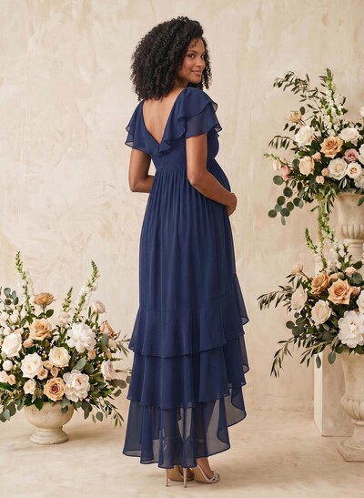 A-Line V-Neck Short Sleeves Asymmetrical Chiffon Maternity Bridesmaid Dresses With Cascading Ruffles