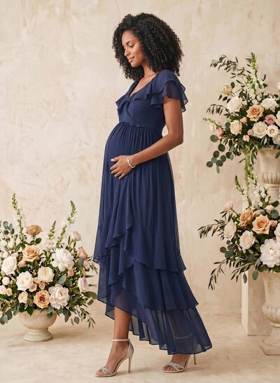 A-Line V-Neck Short Sleeves Asymmetrical Chiffon Maternity Bridesmaid Dresses With Cascading Ruffles