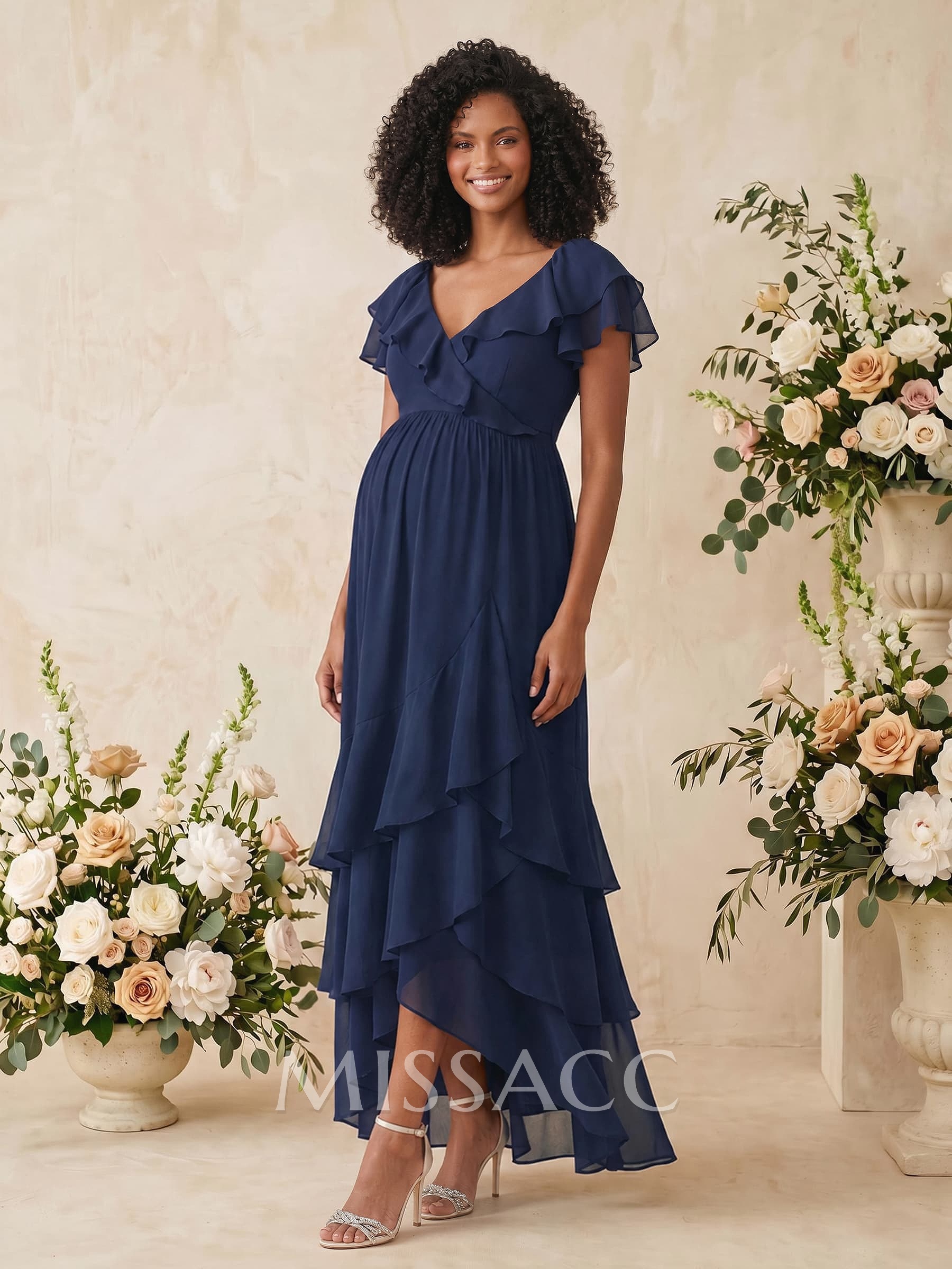 A-Line V-Neck Short Sleeves Asymmetrical Chiffon Maternity Bridesmaid Dresses With Cascading Ruffles