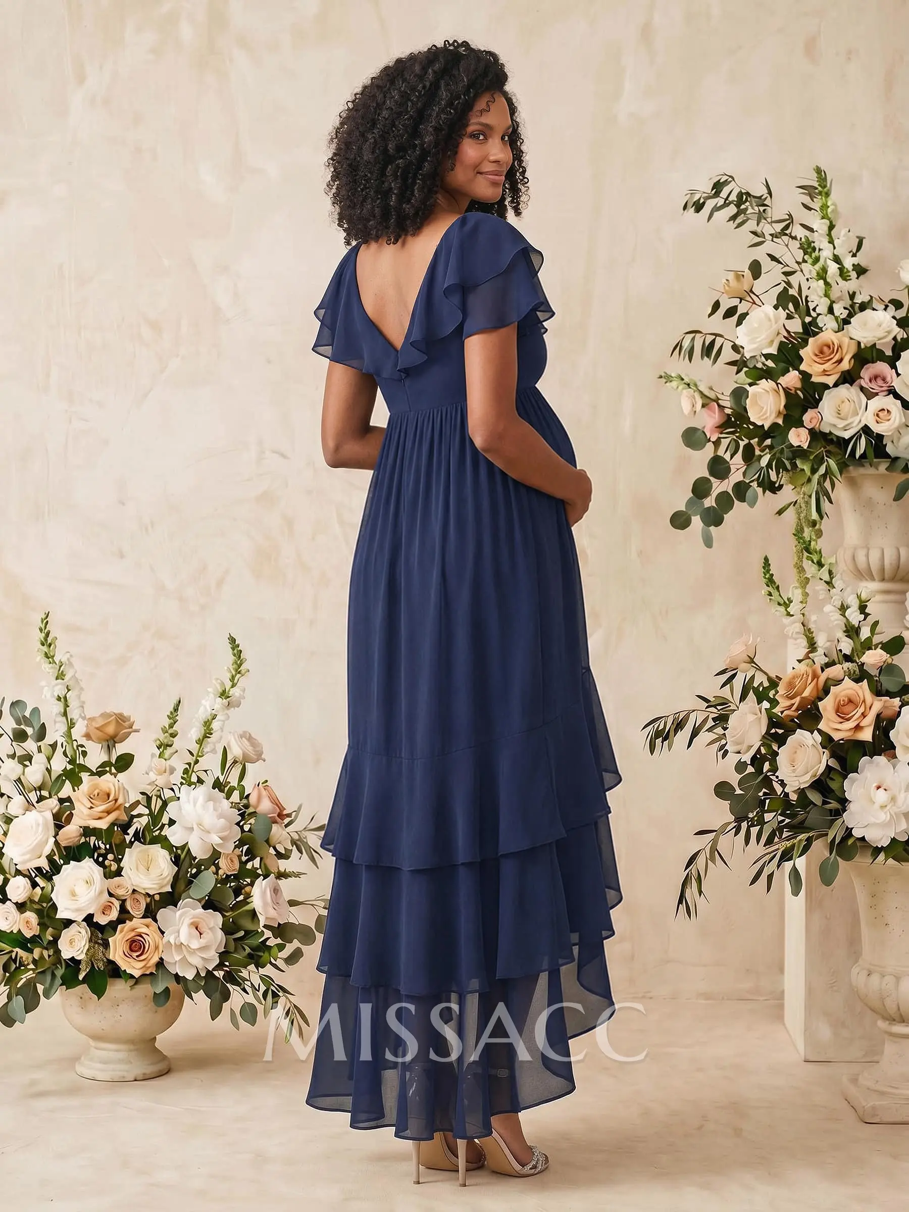 a line v neck asymmetrical chiffon bridesmaid dress with ruffle Missacc Navy Blue A-Line V-Neck Short Sleeves Maternity Bridesmaid Dresses Cascading Ruffles Novias Bridal | A-line ALCHEMY DROP 2 and empire waist Color:Sage green