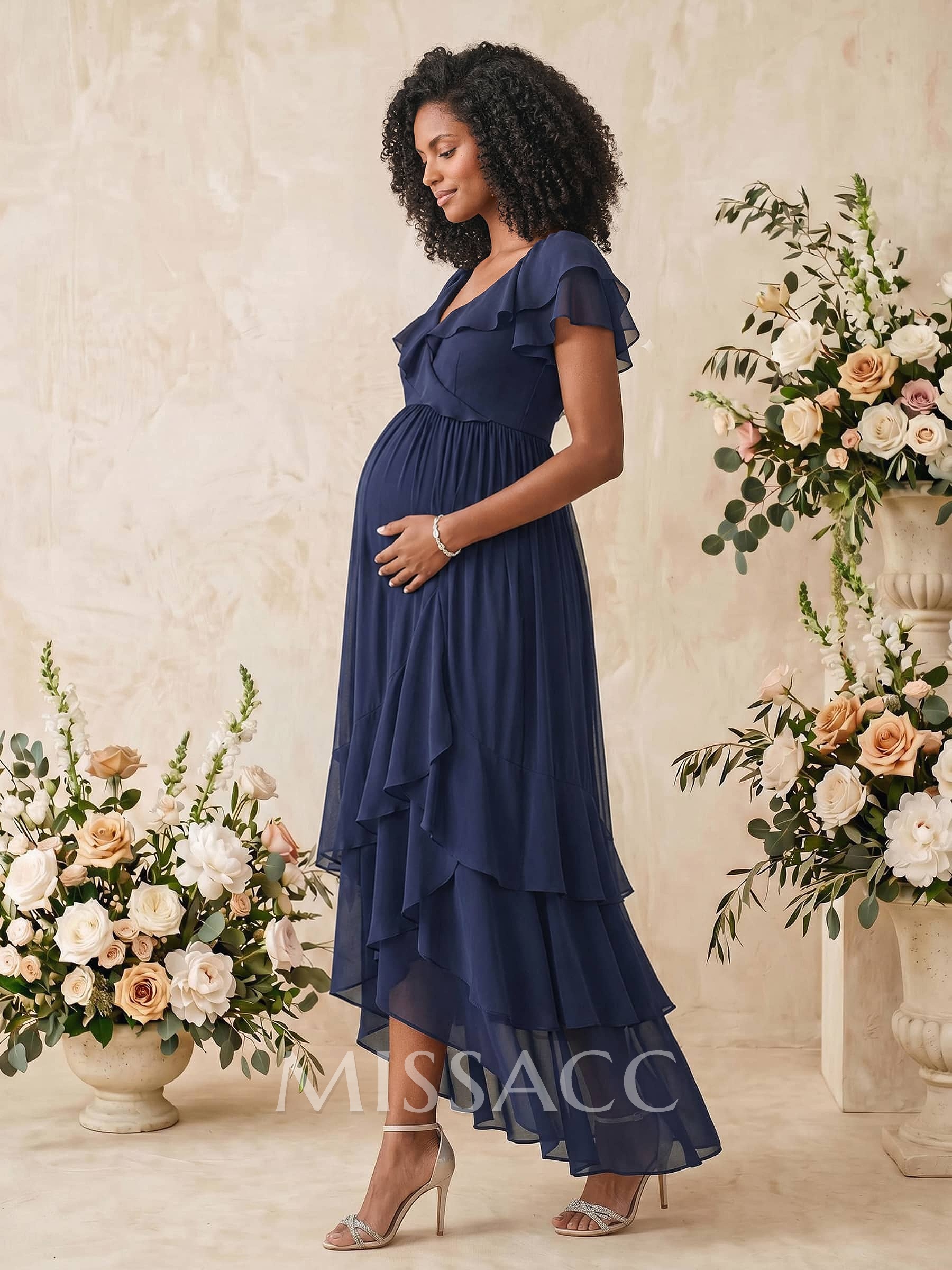 A-Line V-Neck Short Sleeves Asymmetrical Chiffon Maternity Bridesmaid Dresses With Cascading Ruffles