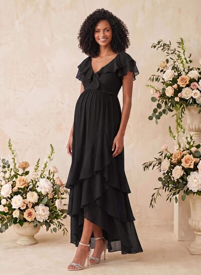 A-Line V-Neck Short Sleeve Asymmetrical Chiffon Maternity Bridesmaid Dress with Cascading Ruffles