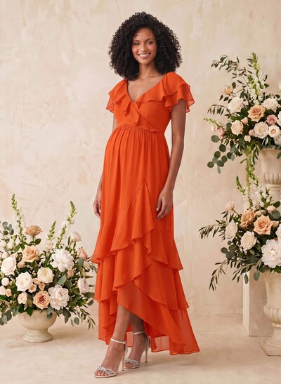 A-Line V-Neck Short Sleeves Asymmetrical Chiffon Maternity Bridesmaid Dresses With Cascading Ruffles