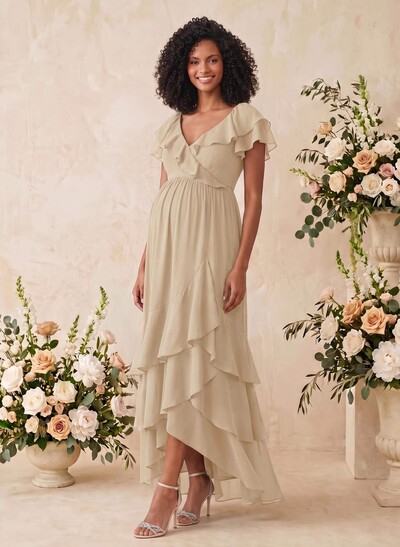 A-Line V-Neck Short Sleeves Asymmetrical Chiffon Maternity Bridesmaid Dresses With Cascading Ruffles