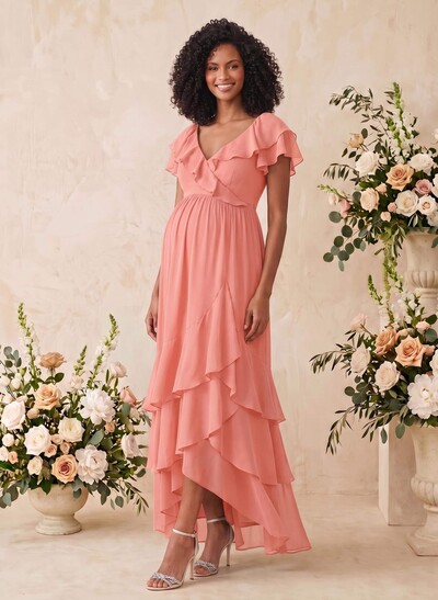 A-Line V-Neck Short Sleeves Asymmetrical Chiffon Maternity Bridesmaid Dresses With Cascading Ruffles