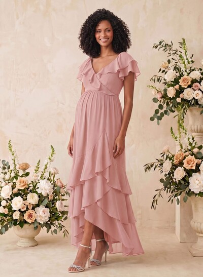 A-Line V-Neck Short Sleeves Asymmetrical Chiffon Maternity Bridesmaid Dresses With Cascading Ruffles