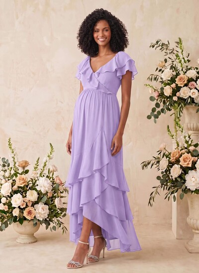 A-Line V-Neck Short Sleeves Asymmetrical Chiffon Maternity Bridesmaid Dresses With Cascading Ruffles