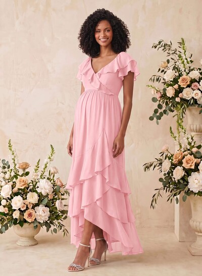 A-Line V-Neck Short Sleeves Asymmetrical Chiffon Maternity Bridesmaid Dresses With Cascading Ruffles
