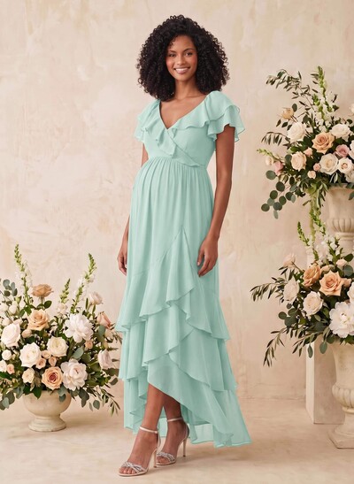 A-Line V-Neck Short Sleeves Asymmetrical Chiffon Maternity Bridesmaid Dresses With Cascading Ruffles