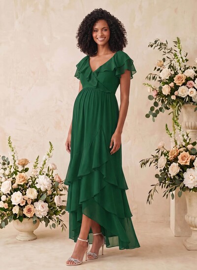 A-Line V-Neck Short Sleeves Asymmetrical Chiffon Maternity Bridesmaid Dresses With Cascading Ruffles
