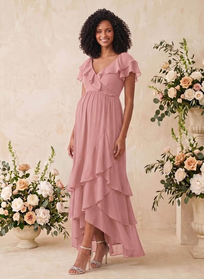 A-Line V-Neck Short Sleeve Asymmetrical Chiffon Maternity Bridesmaid Dress with Cascading Ruffles