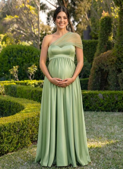A-Line One-Shoulder Sleeveless Floor-Length Satin/Tulle Maternity Bridesmaid Dresses