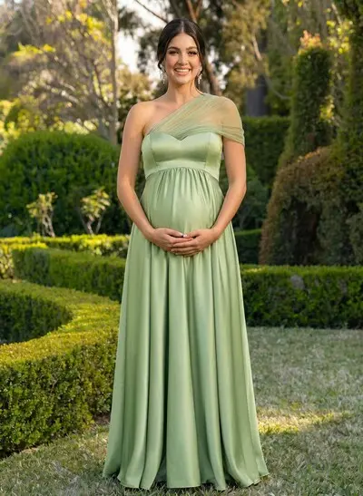 A-Line One-Shoulder Sleeveless Floor-Length Satin/Tulle Maternity Bridesmaid Dresses