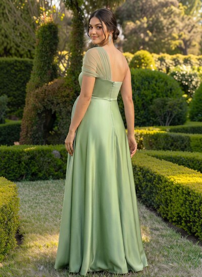 A-Line One-Shoulder Sleeveless Floor-Length Satin/Tulle Maternity Bridesmaid Dresses