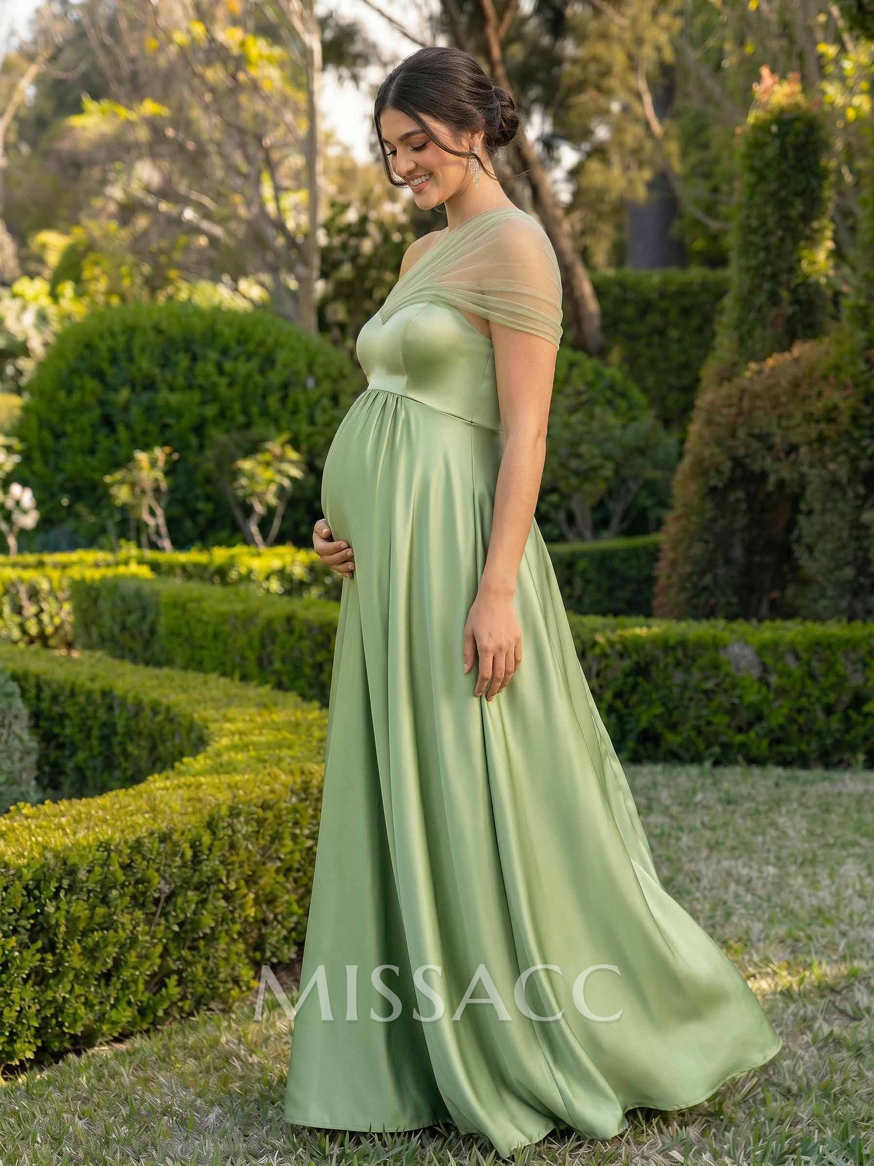 A-Line One-Shoulder Sleeveless Floor-Length Satin/Tulle Maternity Bridesmaid Dresses