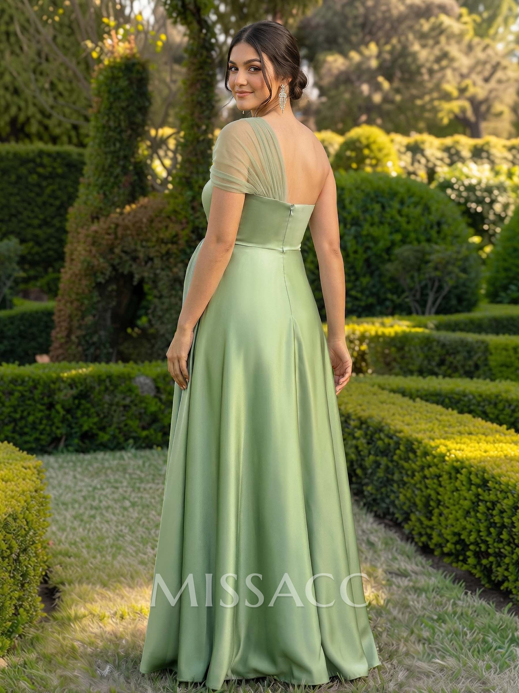 A-Line One-Shoulder Sleeveless Floor-Length Satin/Tulle Maternity Bridesmaid Dresses